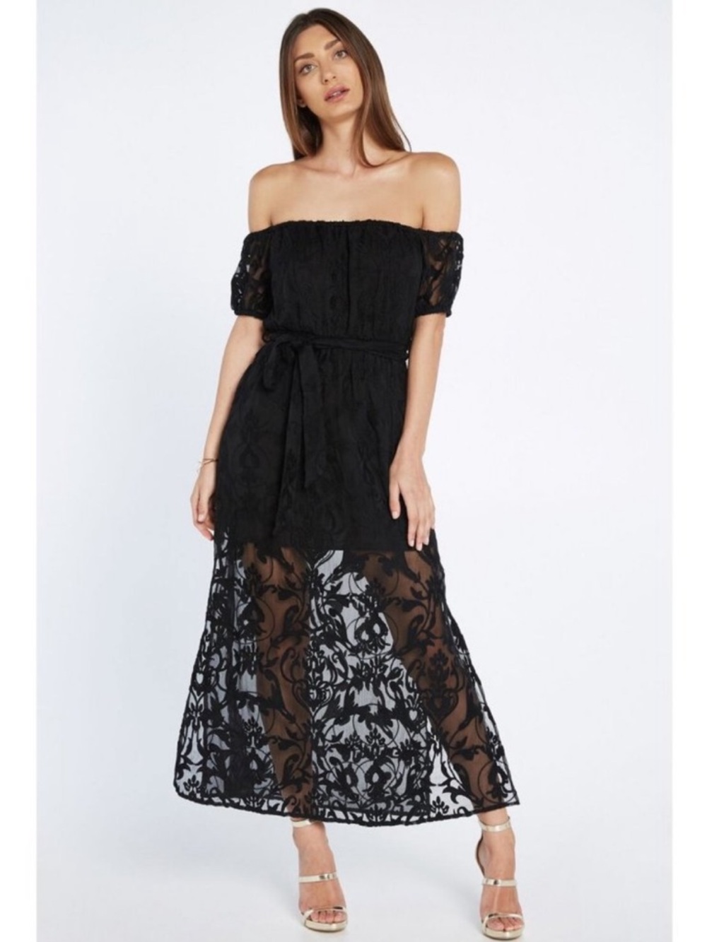 Bardot Gracie Off-Shoulder Lace Maxi Dress with Sheer Skirt Size 6